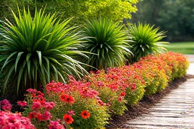 Fresh tropical plants, flowers, and small palm trees installation